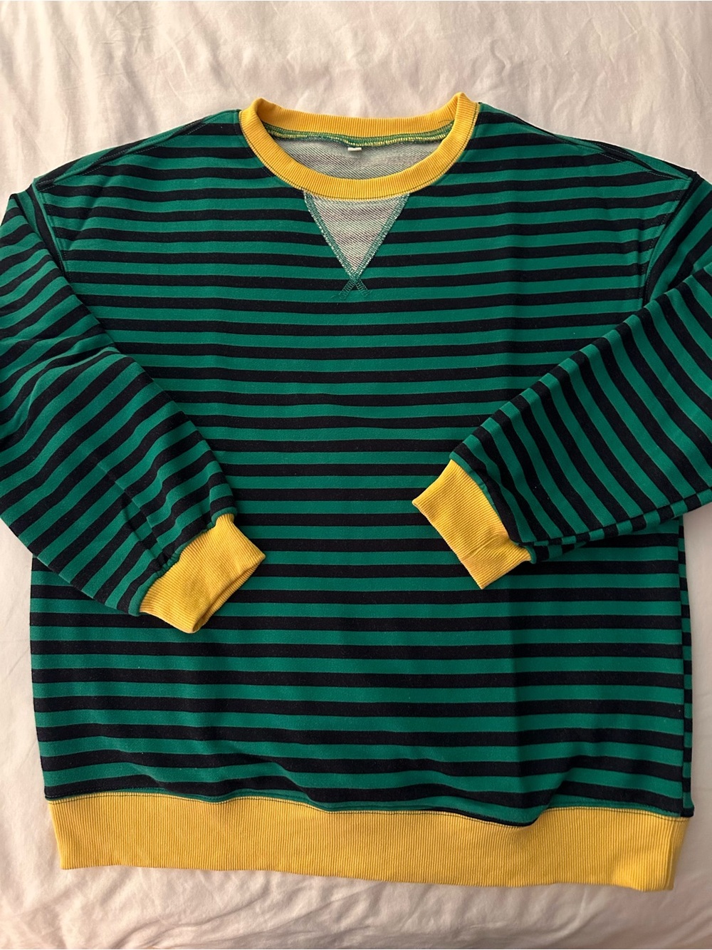 Women’s Green and Navy Striped Sweatshirt with Yellow Contrast Trim